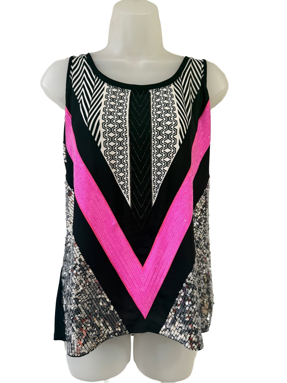Women's Black & Hot Pink Sequin V-Stripe Tank Top